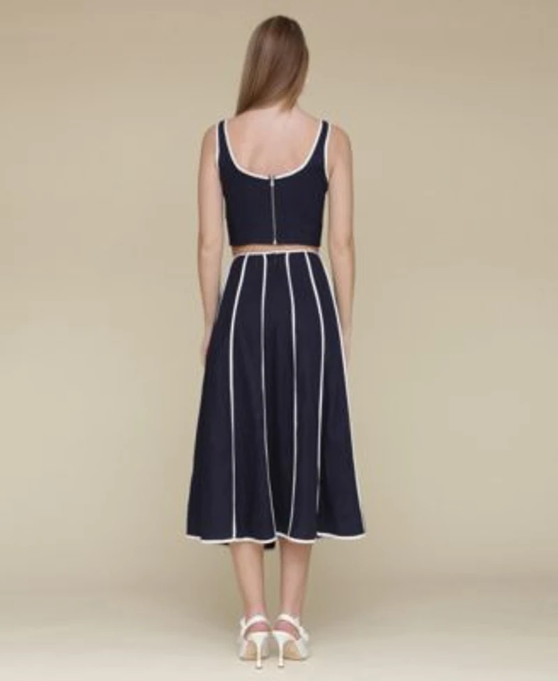 Avec Les Filles Womens Contrast Trim Linen Blend Crop Top Contrast Trim Linen Blend Midi Skirt