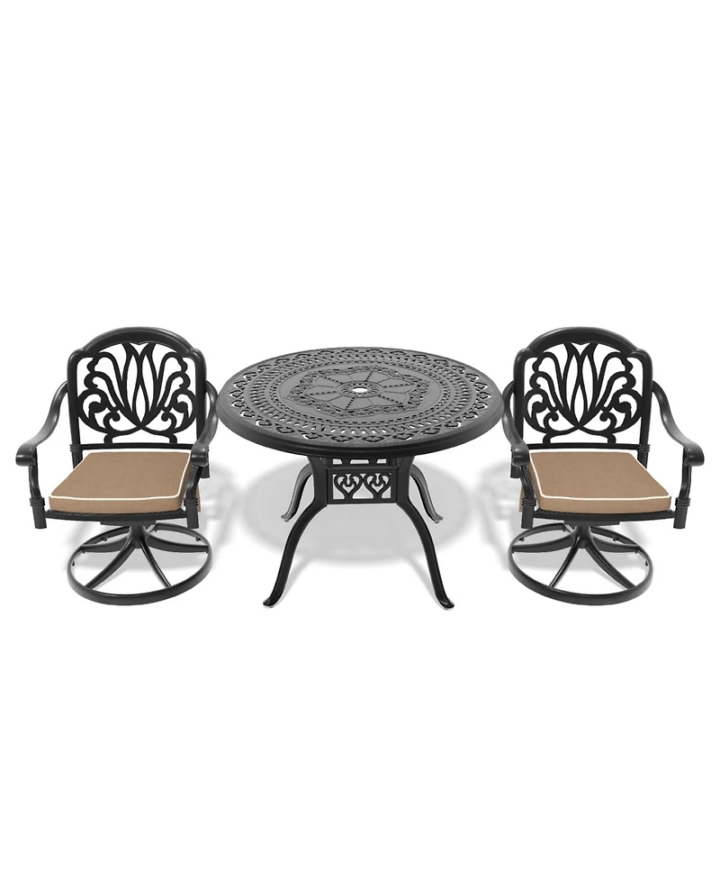 Streamdale 3-pc Cast Aluminum Dining Set, 2 Swivel Chairs, 39" Round Table, Black Frame