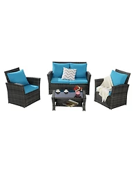 4-Piece Outdoor Patio Furniture Set, Rattan Chairs, Glass Table