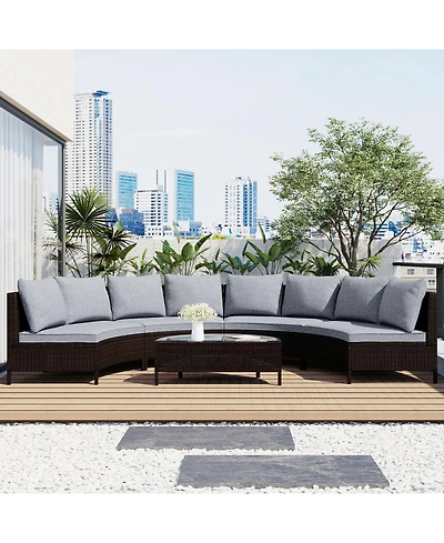 Streamdale 5-Piece Brown Wicker Patio Half-Moon Sofa Set with Gray Cushions