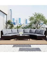 Streamdale 5-Piece Brown Wicker Patio Half-Moon Sofa Set with Gray Cushions
