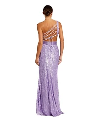 Mac Duggal Women's Sequined One Shoulder Draped Lace Up Gown