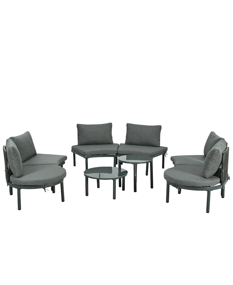 8-Pc Patio Sofa Set, Half-Moon Sectional, 2 Tables, Cushions, Pillows, Gray