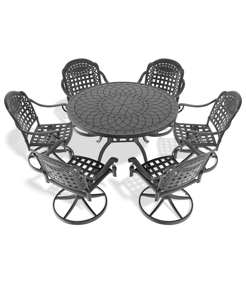 Streamdale 7-Pc Cast Aluminum Dining Set, 6 Swivel Chairs, 47" Round Table, Black Frame