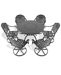 Streamdale 7-Pc Cast Aluminum Dining Set, 6 Swivel Chairs, 47" Round Table, Black Frame