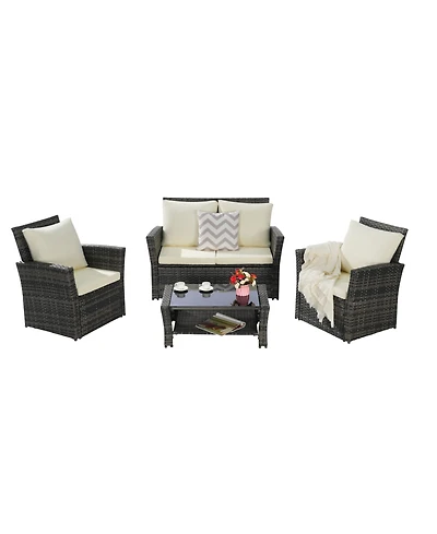 Streamdale 4-Piece Outdoor Patio Furniture Set, Rattan Chairs, Glass Table