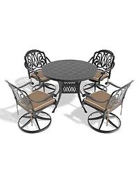 Streamdale 5-pc Cast Aluminum Dining Set, 4 Swivel Chairs, 39" Round Table, Black Frame