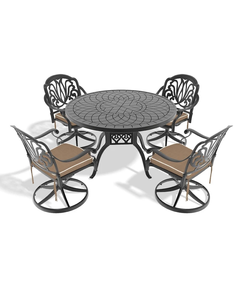 Streamdale 5-Pc Cast Aluminum Dining Set, 4 Swivel Chairs, 47" Round Table