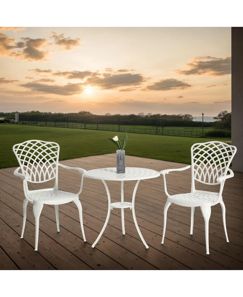Streamdale 3-Piece White Patio Bistro Set, Cast Aluminum Table & 2 Chairs, Umbrella Hole