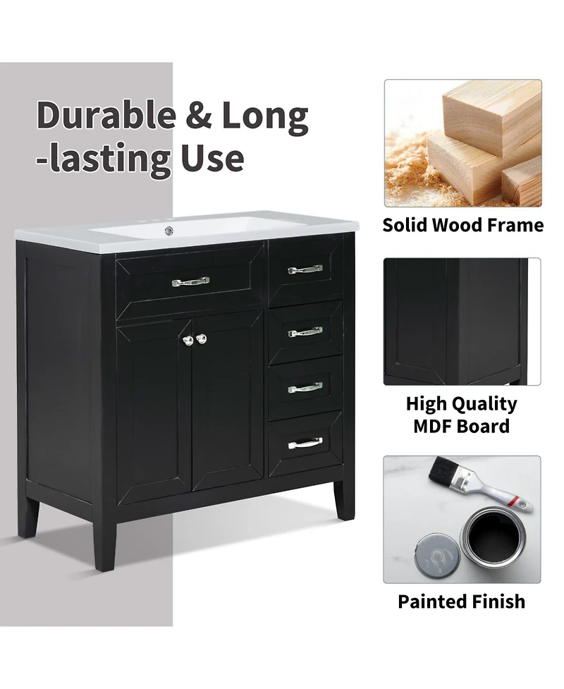 Streamdale 36" Bathroom Vanity with Sink Combo, Black Bathroom Cabinet with Drawers, Solid Frame and Mdf Board