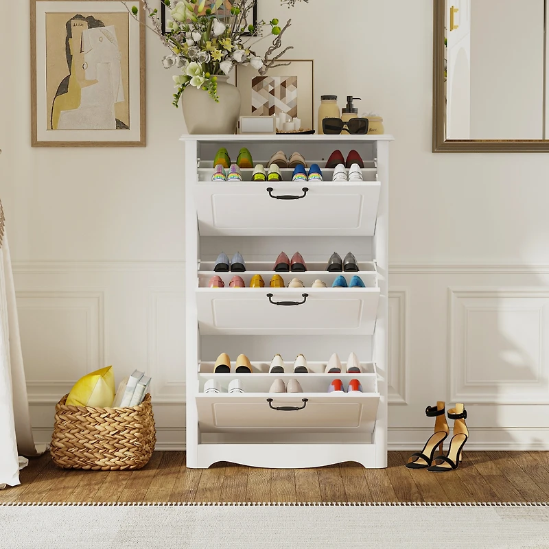 Wooden 3-door natural shoe cabinet, multi-purpose shoe rack with adjustable shelves,white