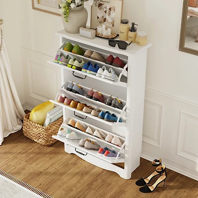 Wooden 3-door natural shoe cabinet, multi-purpose shoe rack with adjustable shelves,white