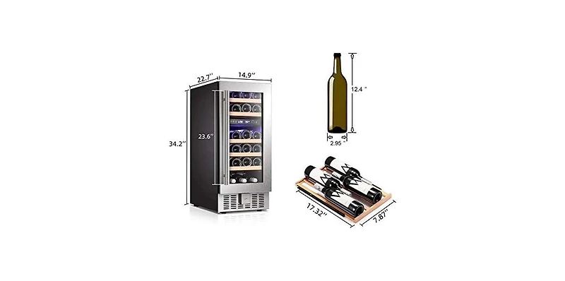 Cowsar 15" Wine Cooler Under Counter Beverage Refrigerator Beer Mini Fridge 28 Bottles Dual Zone Built-in Freestanding Stainless Steel Double-Layer Te