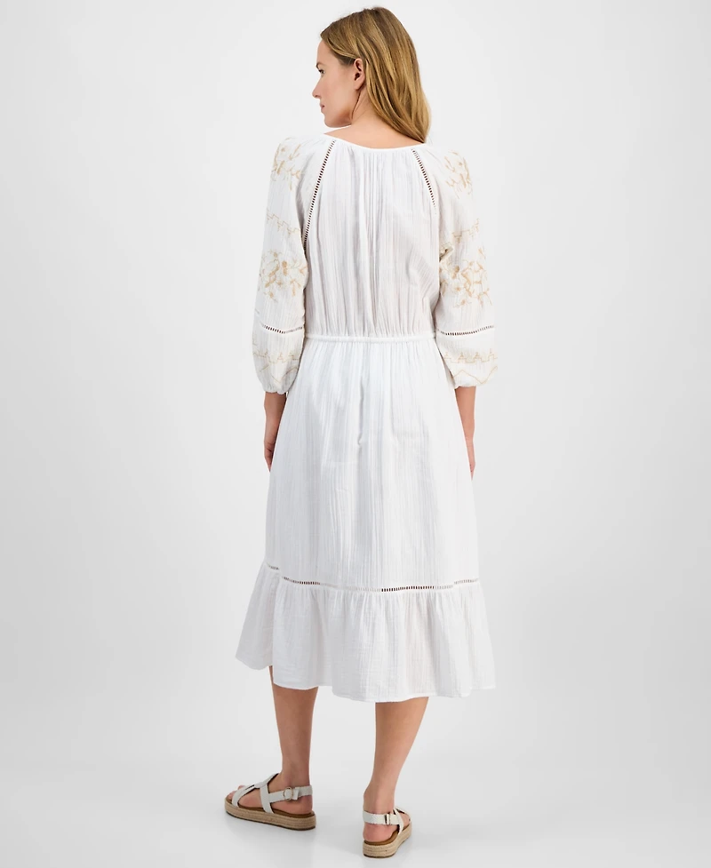 Style & Co Petite Cotton Embroidered Ladder-Trim Midi Dress, Exclusively at Macy's