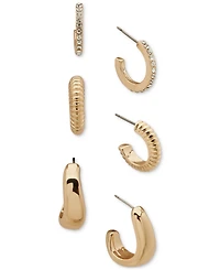 Anne Klein Gold-Tone 3-Pc. Set Crystal, Textured, & Puffy Small Hoop Earrings