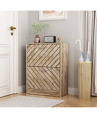 the yellow 2-door wooden shoe cabinet and fashionable shutter door design, sturdy durable, efficient stored, enhance aesthetics of
