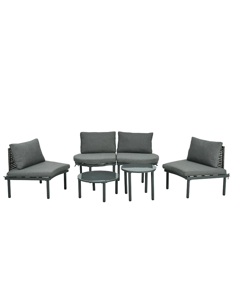 6-Pc Half Moon Patio Sofa Set, Wicker, Glass Tables, Cushions & Pillows - Gray