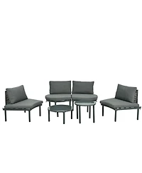 6-Pc Half Moon Patio Sofa Set, Wicker, Glass Tables, Cushions & Pillows - Gray