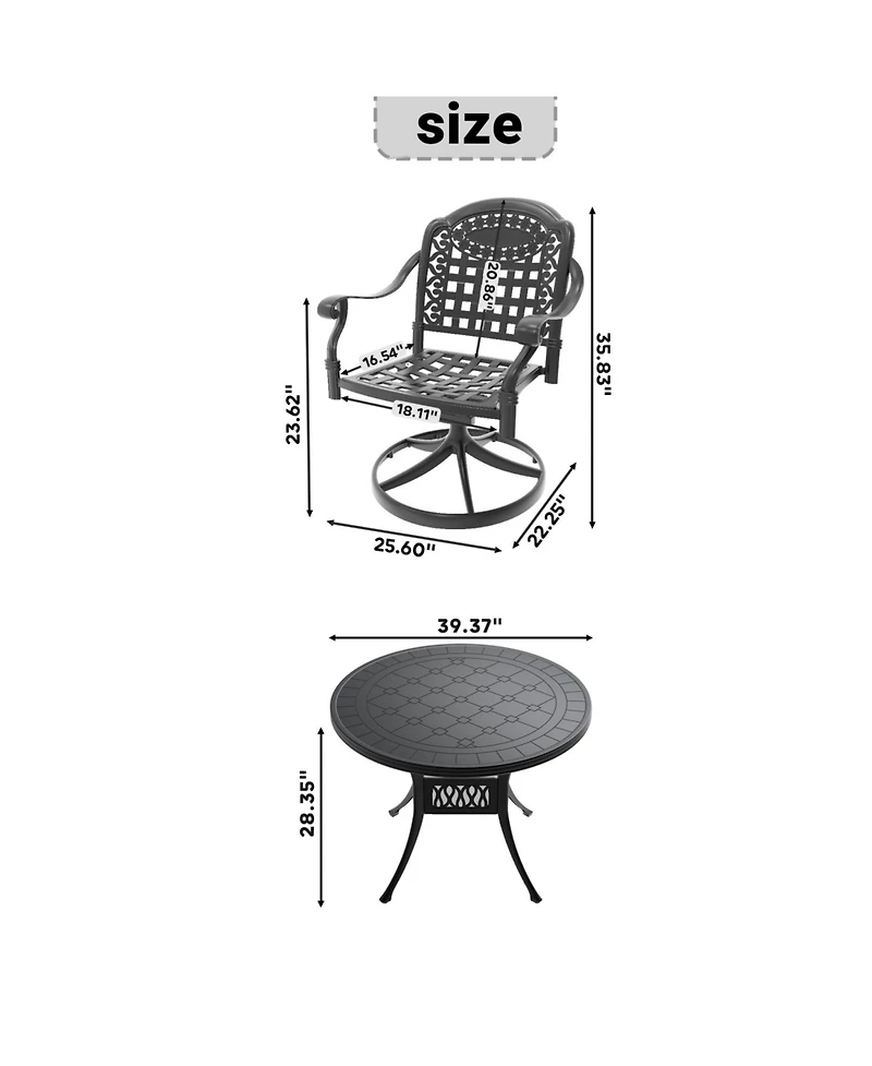 Streamdale 3-pc Cast Aluminum Dining Set, 2 Swivel Chairs, 39" Round Table, Black Frame