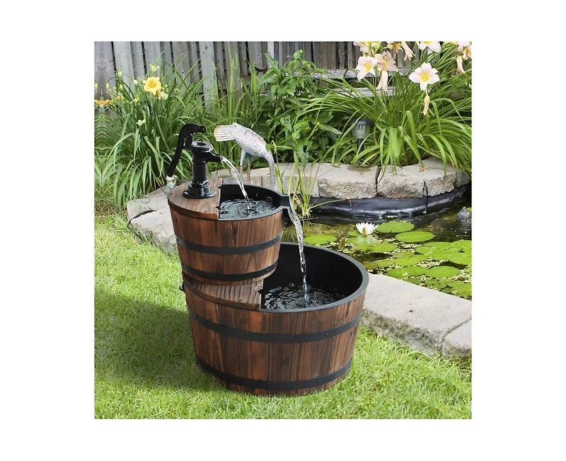 Outdoor 2-Tier Whiskey Barrel Waterfall Fountain with Electric Pump for Garden Decor