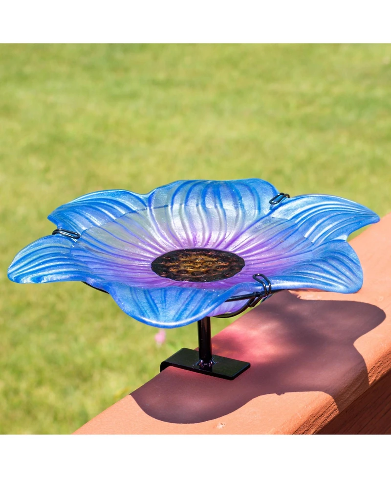 Morning Glory Deck-Mounted/Staked Glass Bird Bath - 11.5" Diameter - Blue