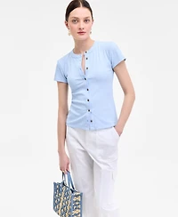 On 34th Women's Rib-Knit Short-Sleeve Button Front Top