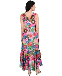 kensie Women's Printed Chiffon Ruffle-Trim Maxi Dress