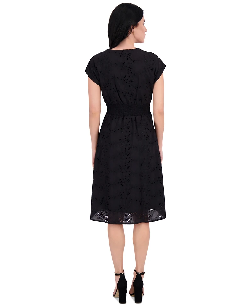 kensie Women's Embroidered Tie-Waist Midi Dress