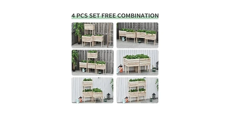Farmhouse 4-Piece Wooden Elevated Raised Garden Bed Planter Box for Outdoor Gardening