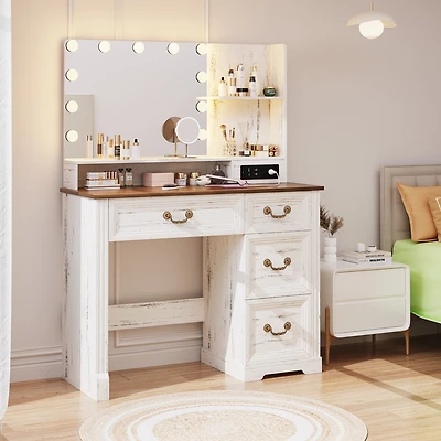 Vlsrka Vanity desk for bedroom with lights, drawers, shelves, stool, and mirror.
