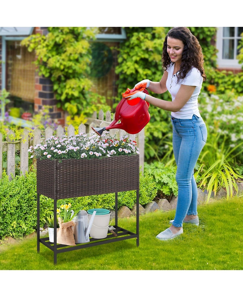 Wicker Raised Garden Bed with Storage Shelf and Removable Liner for Flowers