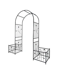 Metal Garden Arch with two plant stands 79.5'' Wide x 86.6'' High Climbing Plants Support Rose Arch Outdoor Black