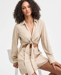 Bar Iii Women's Collared Tie-Hem Blouse, Exclusively at Macy's