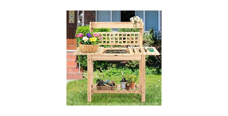 Garden Potting Bench Table with Bottom Shelf and Removable Sink for Outdoor Gardening