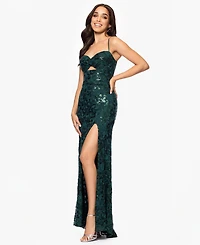 Blondie Nites Juniors' Sequined Lace Cutout-Front Lace-Up-Back Gown