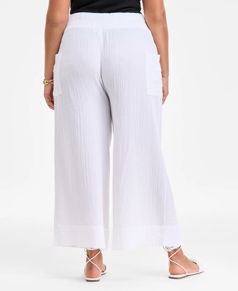 On 34th Plus Cotton Gauze Smocked-Waist Wide-Leg Pants, Exclusively at Macy's