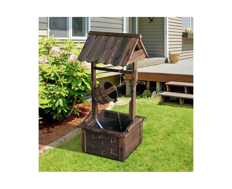 Outdoor Garden Solid Wood Wishing Well Water Fountain with Bucket and Pump