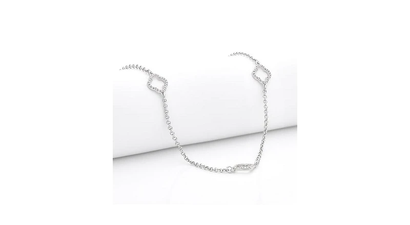 White Rhodium Open Cz Clover Station Long Necklace