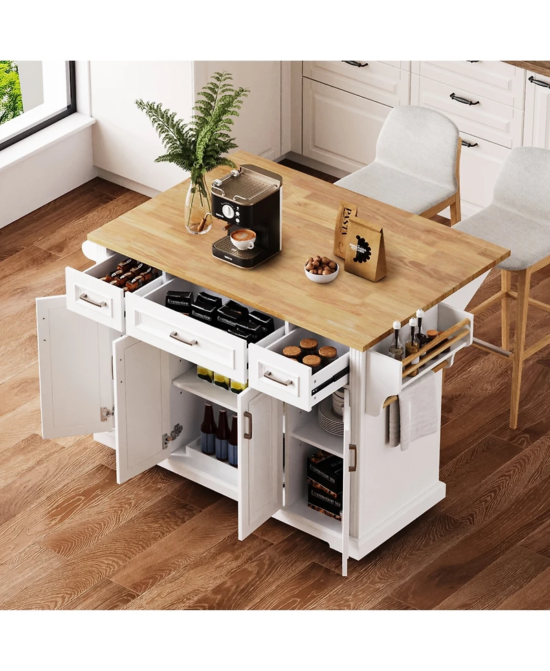 Streamdale Large Kitchen Island with Drop Leaf, Embossed Rolling Cart with Storage