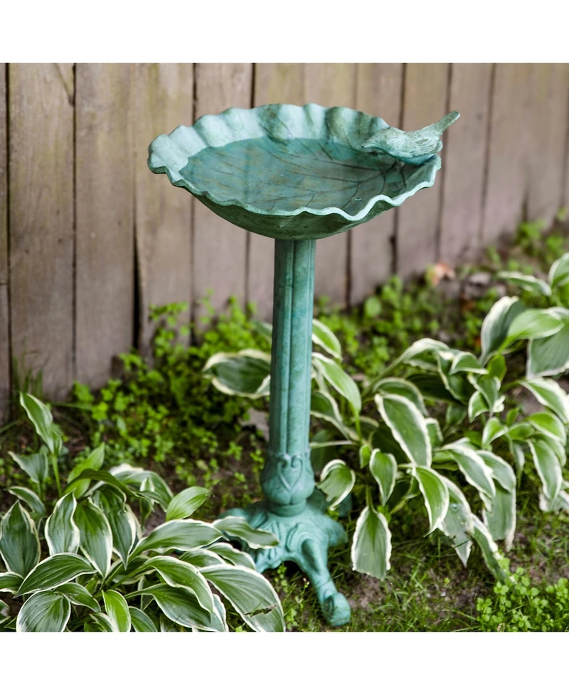 Autumnal Leaf Cast Aluminum Metal Bird Bath - Green Patina - 11.75"