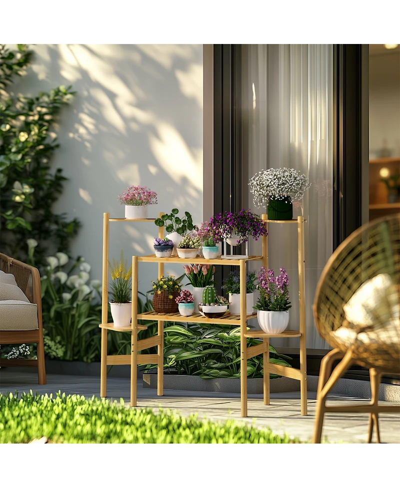 Unho 6 Tiers Wood Bamboo Tall Plant Shelf Plant Holders Corner Flower Pots Holder