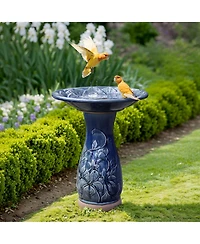 LuxenHome Blue Petals and Vines 22-Inch Tall Ceramic Birdbath
