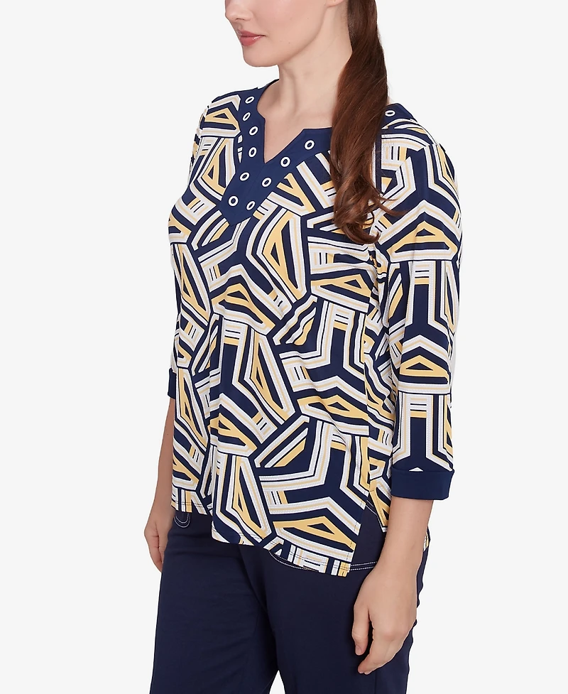 Alfred Dunner Women's Block Island Geometric Grommet Trim Top