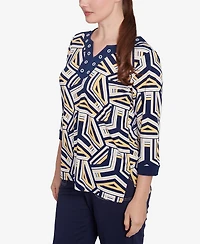 Alfred Dunner Women's Block Island Geometric Grommet Trim Top