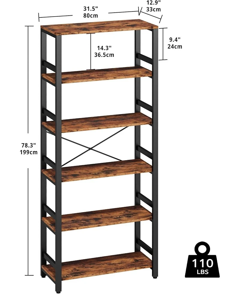 Bookshelf, 31.5in Wide Shelf 6 Tier Bookcase, 110lbs/shelf