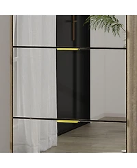 Wooden 3-door natural shoe cabinet,Mirror door panel, multi-purpose shoe rack with metal handles