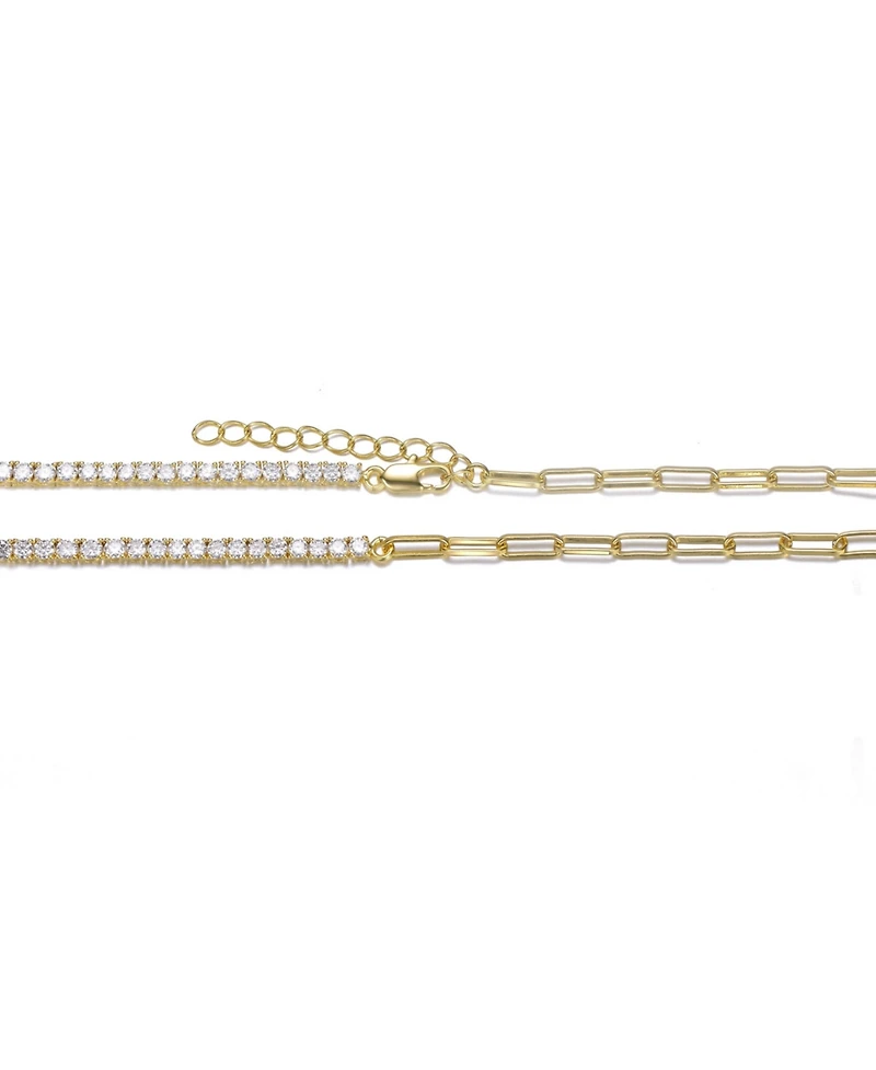 14K Gold Plated with Clear Cubic Zirconia Half Tennis Half Link Necklace