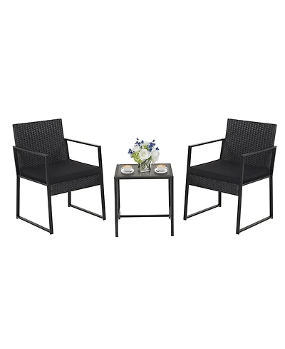 Gymax 3PCS Patio Rattan Pe Wicker Bistro Set Outdoor Furniture Set w/ Table & Cushion