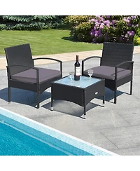 Gymax 3 Pcs Patio Wicker Rattan Furniture Set Coffee Table & 2 Rattan Chair W/Cushion