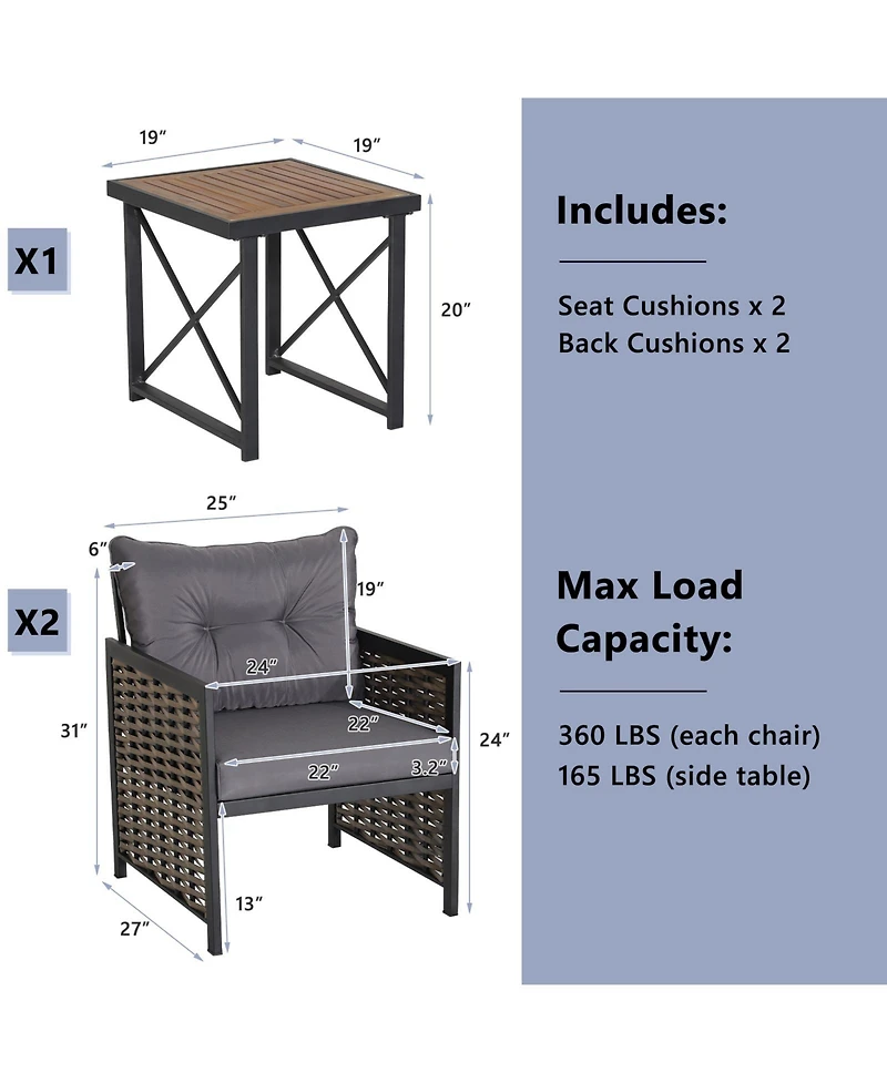Gymax 3PCS Rattan Furniture Set Acacia Wood Coffee Table & 2 Chairs Backyard Patio